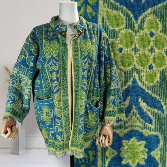 Vintage 60s 70s Terry Cloth Towel Jacket Green Blue Unisex Boho Fringe Coverup